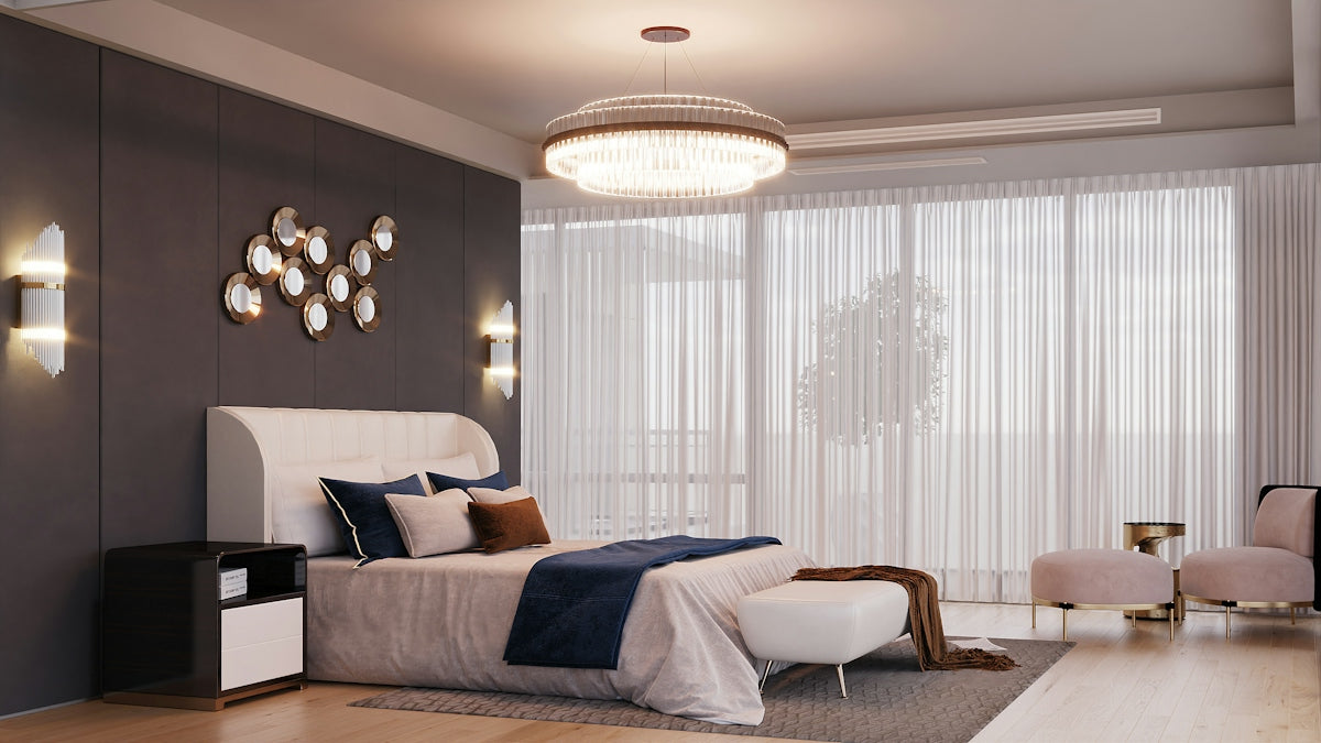 Luxurious bedroom with modern decor and large windows